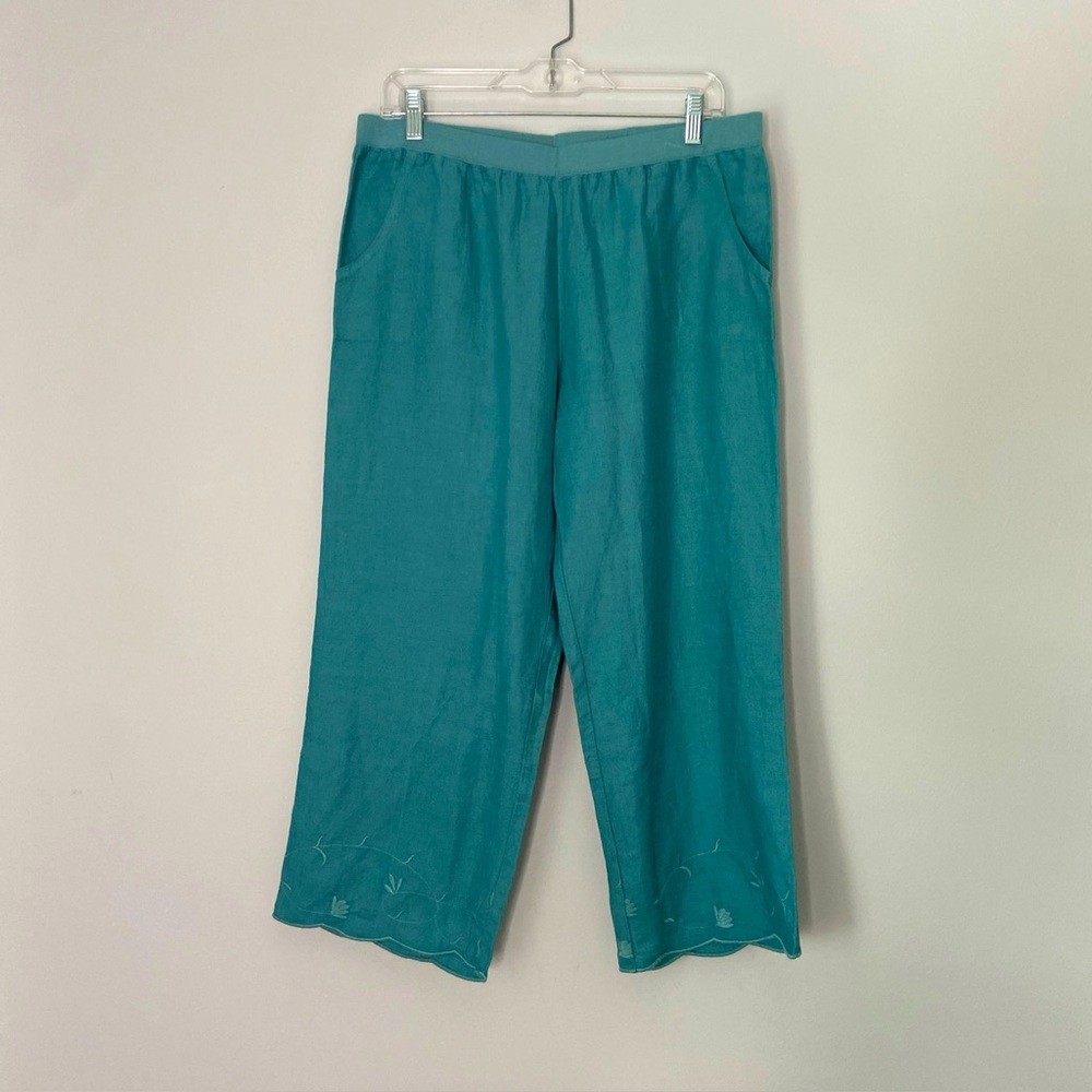 J Jill 100% linen capris pants large Petite teal blue embroidered hem pull on